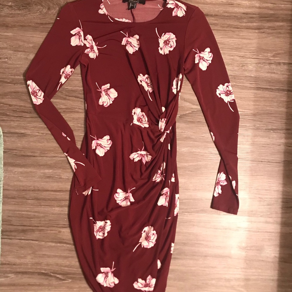 Maroon Floral Long-sleeve Crew Neck Midi Dress
